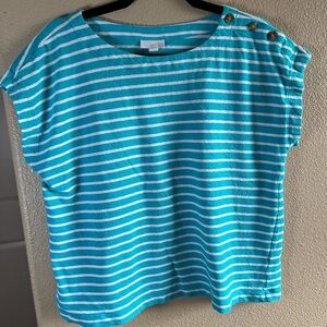 J. Jill Turquoise and White Striped Button-Shoulder Top size large